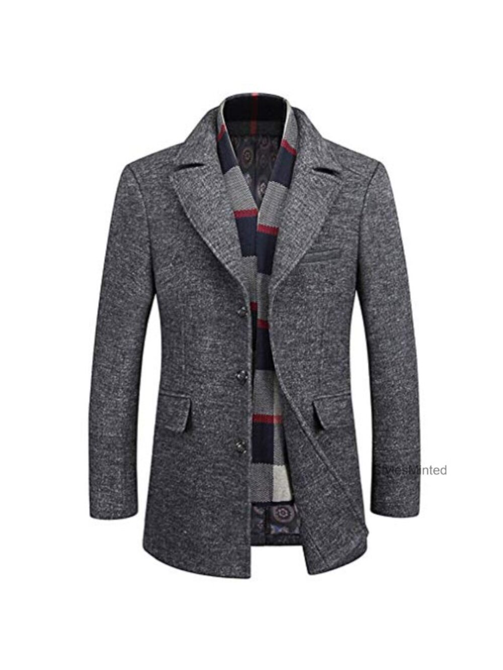 Men's Wool Blend Winter Coat Slim Fit Short Trench with Scarf